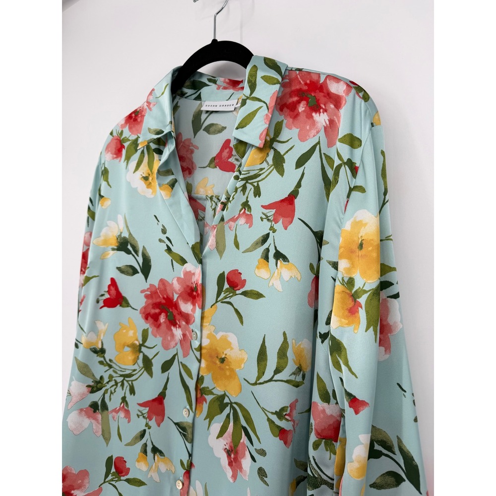 Susan Graver Light Blue Floral Button Front Blouse Long Sleeve Top Size Small P